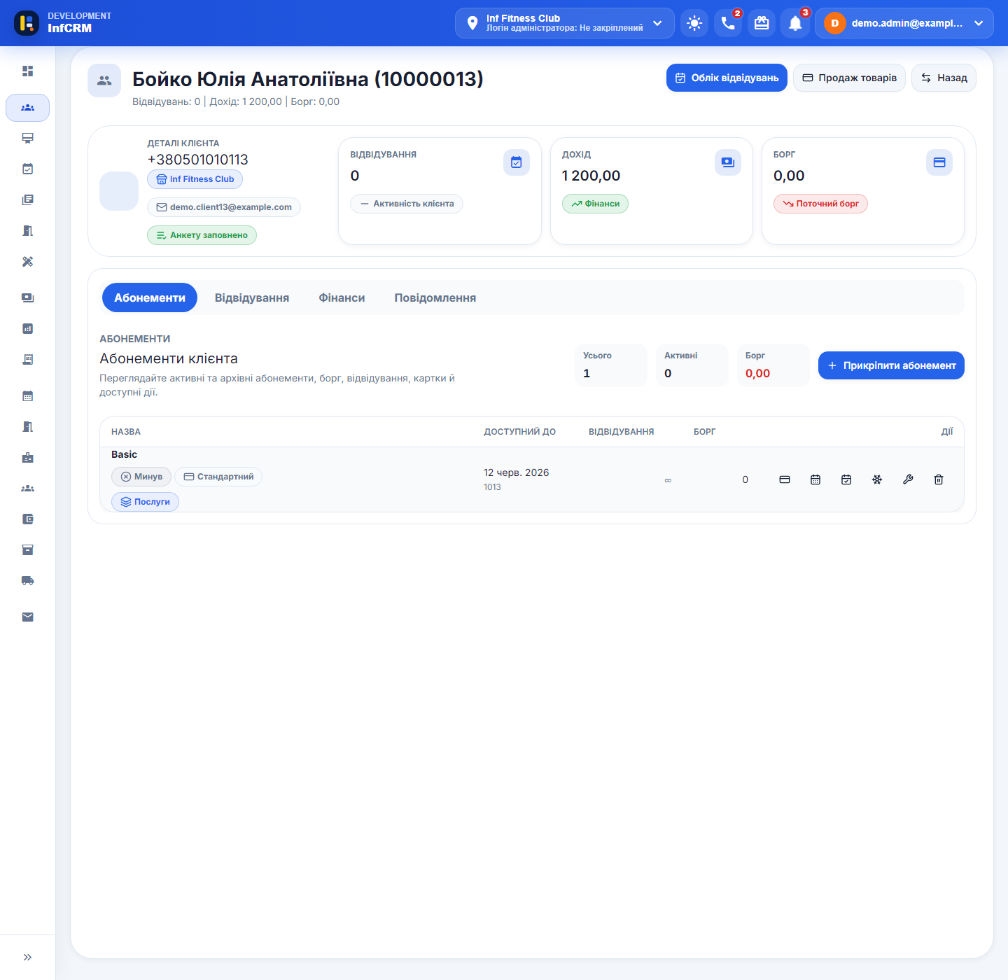 Updated Inf CRM client profile with visit, revenue, and debt indicators