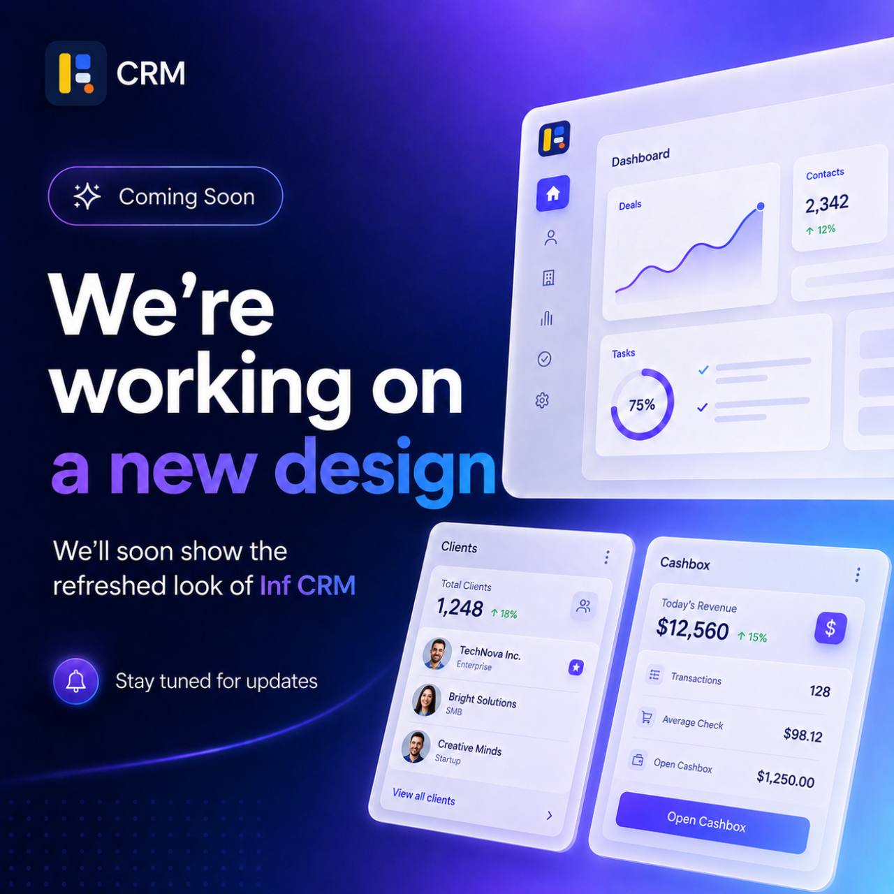 Анонс Inf CRM с изображением будущего обновленного интерфейса дашборда
