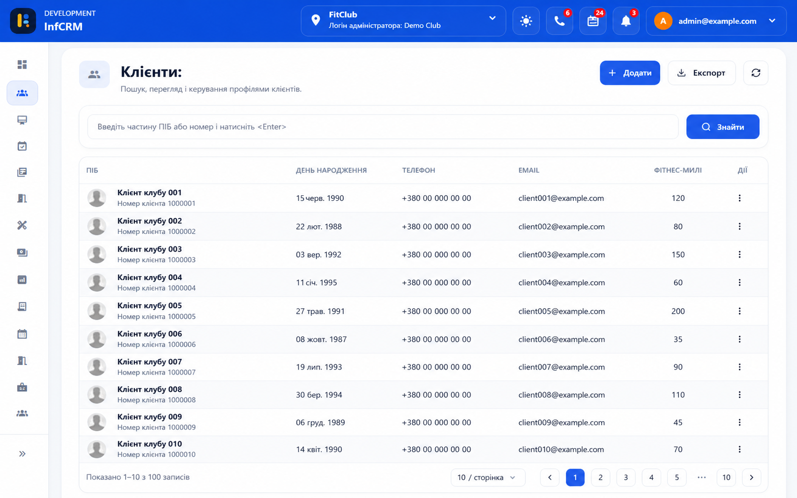 Концепт страницы клиентов Inf CRM с обобщенными демо-данными